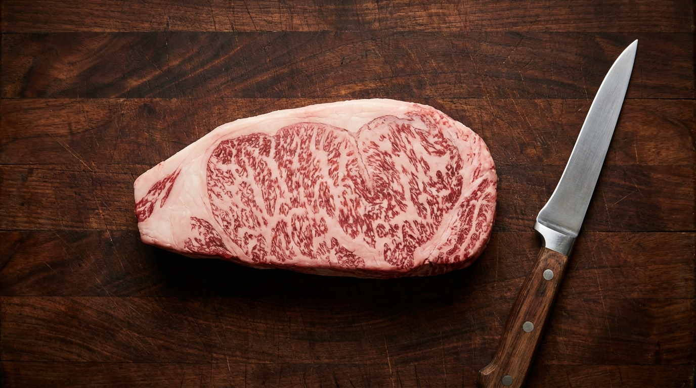 Whole wagyu tenderloin primal on butcher block showing torpedo shape and fine intramuscular fat