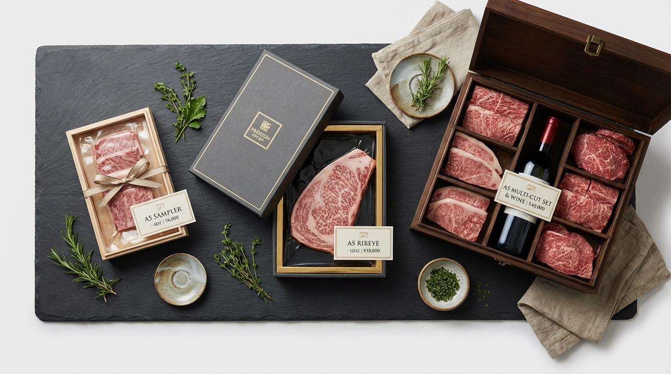 Wagyu gift budget tiers showing three price levels from $100 to $500+ with corresponding cuts and packaging