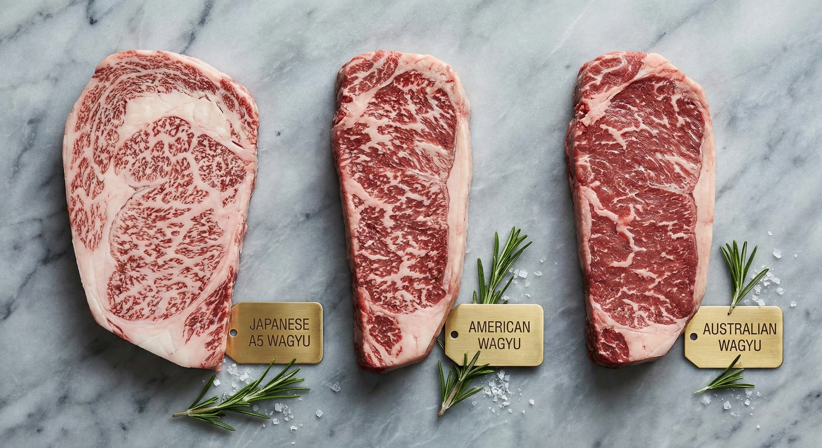 Side-by-side comparison of Japanese A5, American Wagyu, and Australian Wagyu steaks showing marbling differences