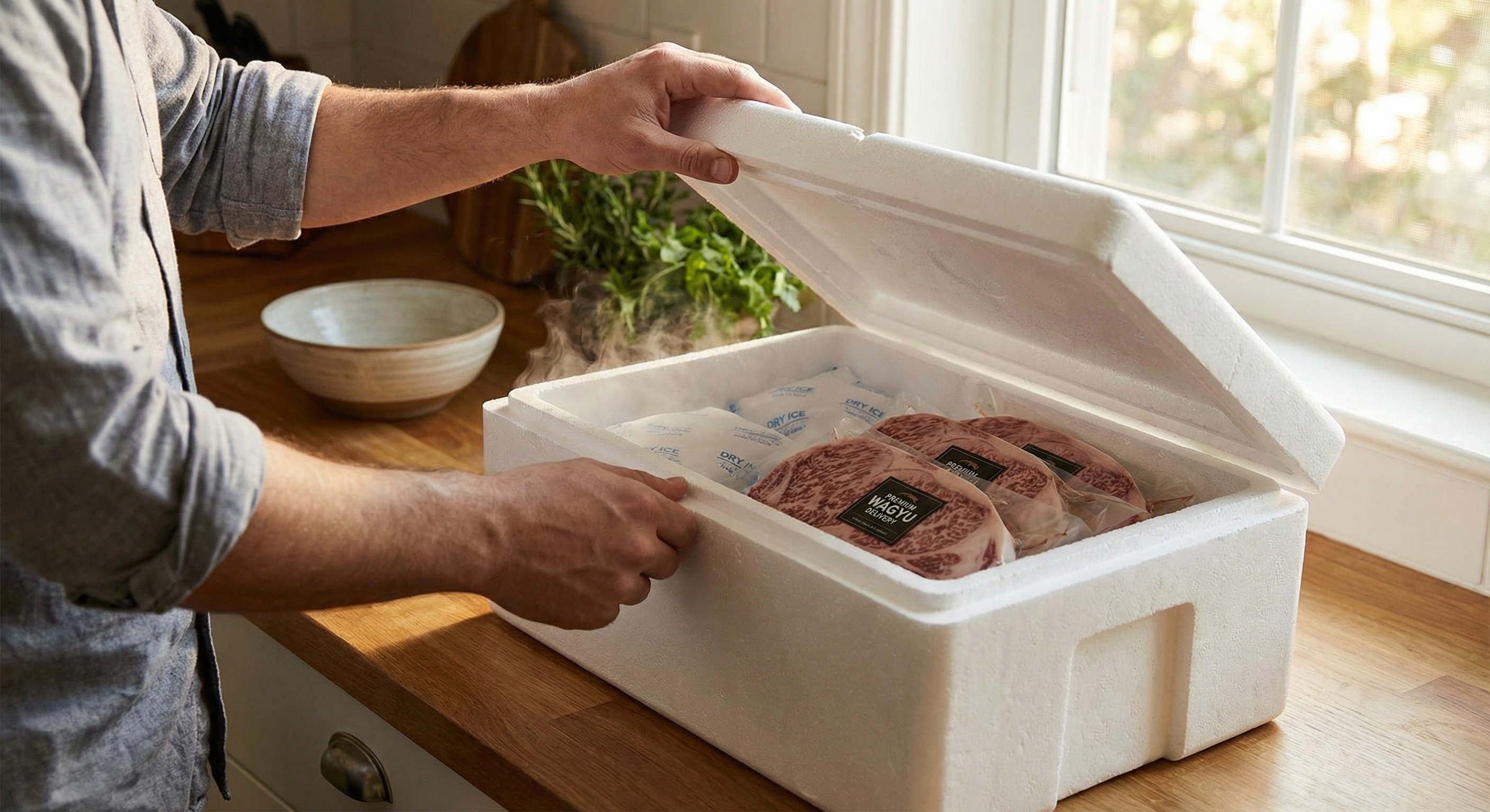 Person unboxing a premium Wagyu beef delivery with insulated packaging and dry ice