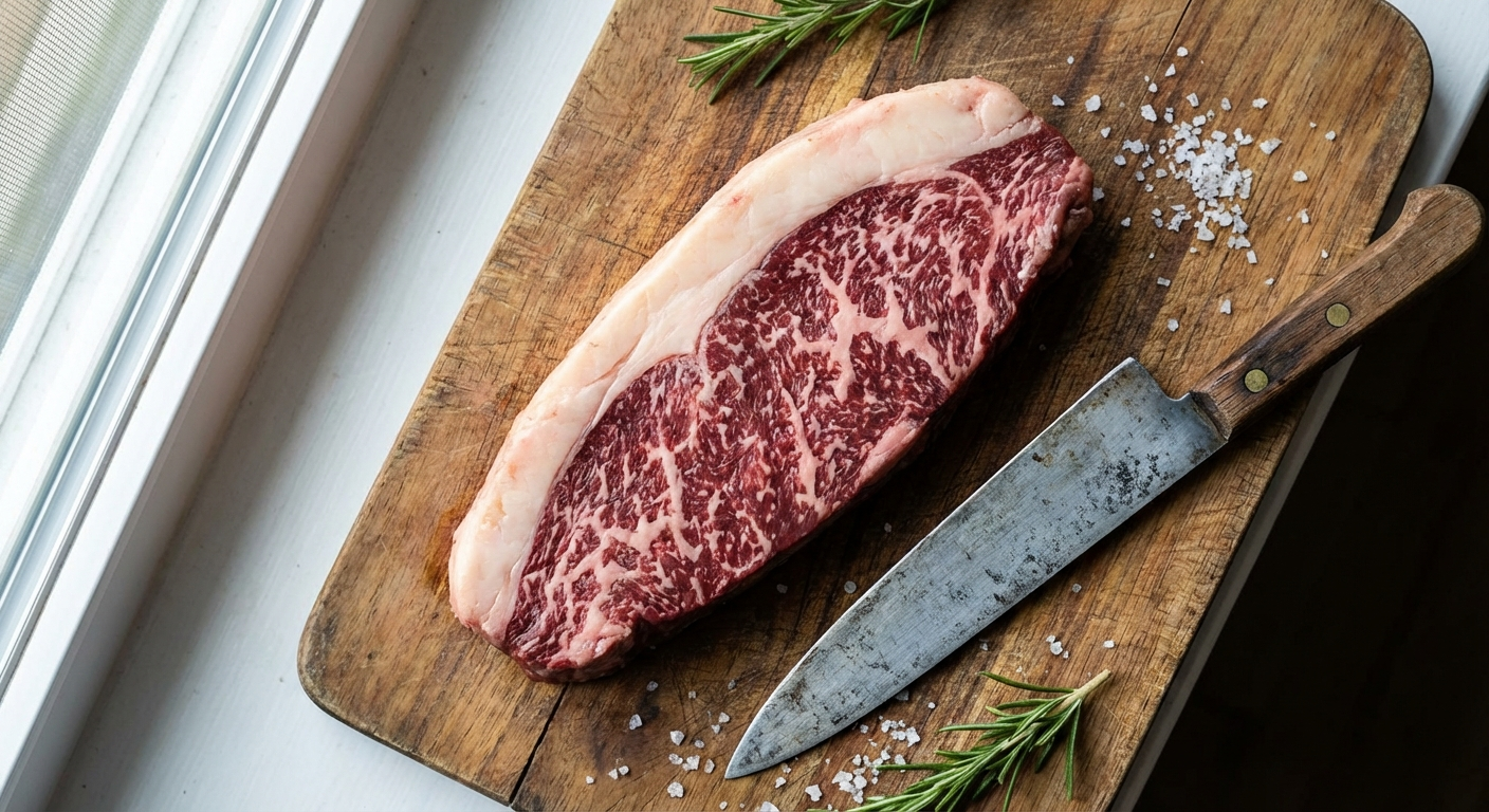 Raw wagyu picanha showing thick white fat cap over richly marbled red sirloin meat on wooden cutting board