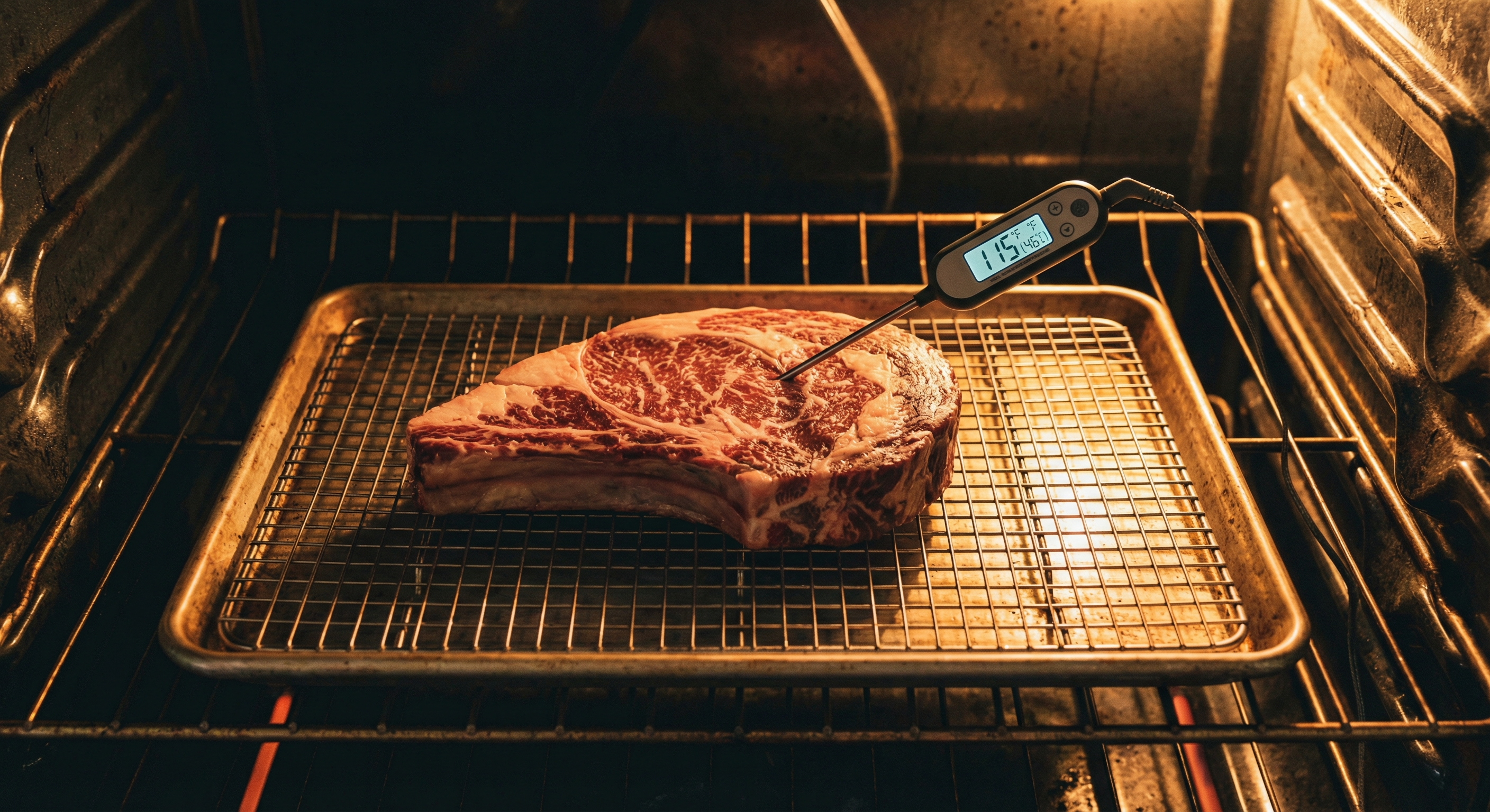 Thick American Wagyu steak on a wire rack being reverse seared in the oven