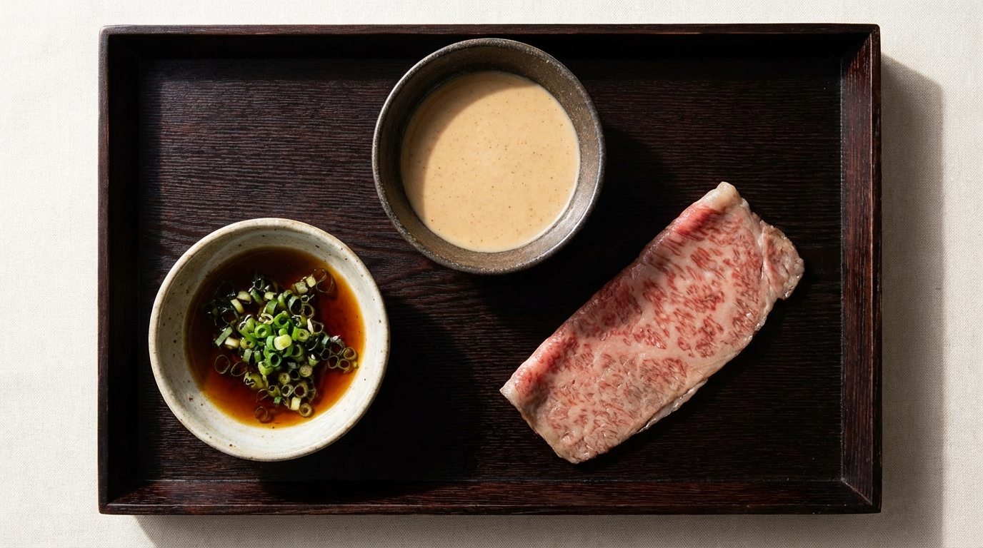 Ponzu and creamy sesame gomadare dipping sauces in ceramic bowls beside wagyu shabu shabu