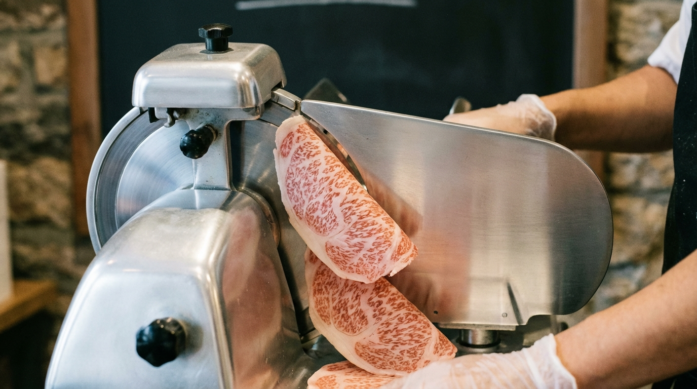 Paper-thin wagyu beef slices showing translucent marbling prepared for shabu shabu