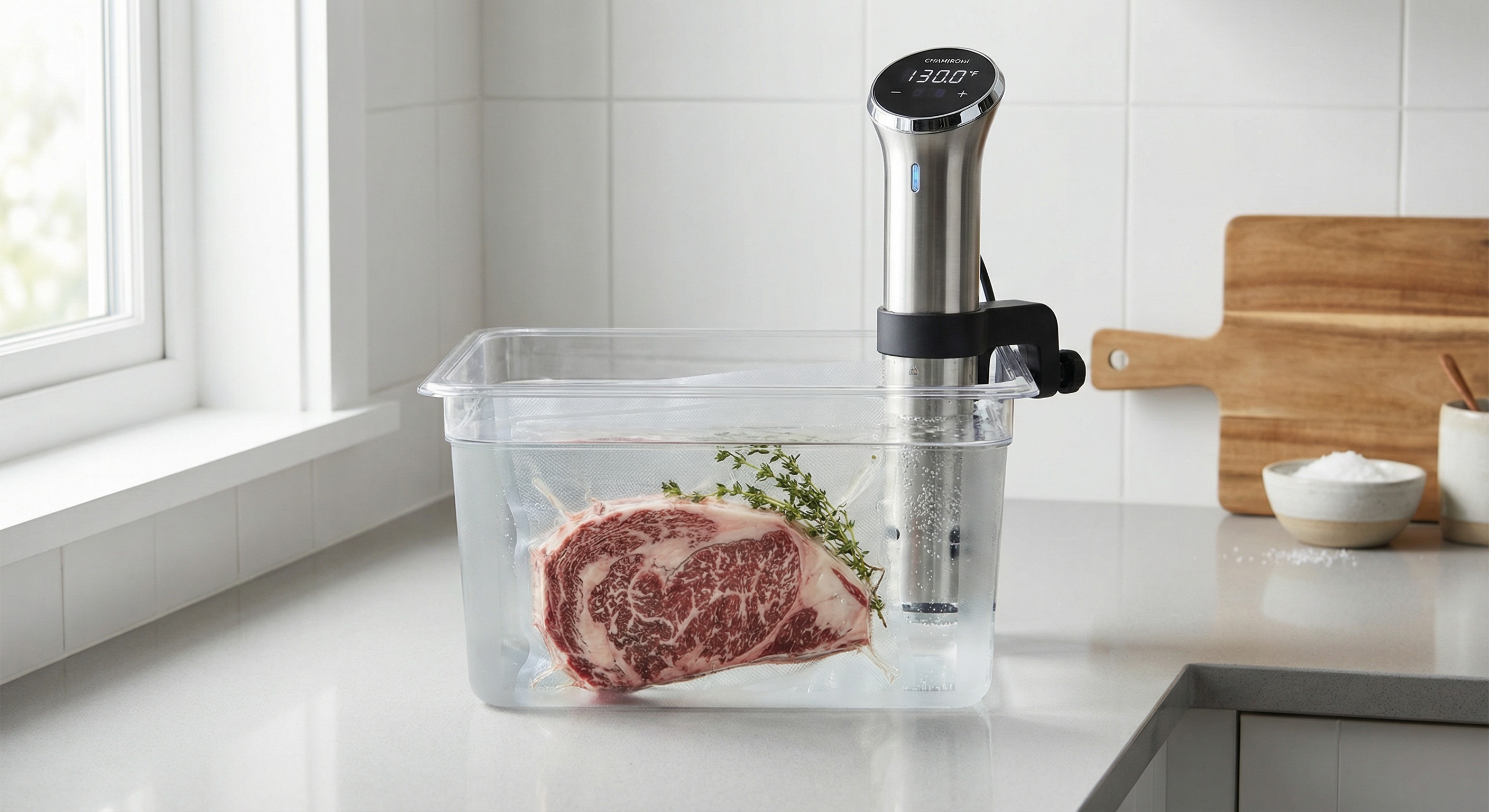 Wagyu steak vacuum sealed in sous vide water bath with precision cooker