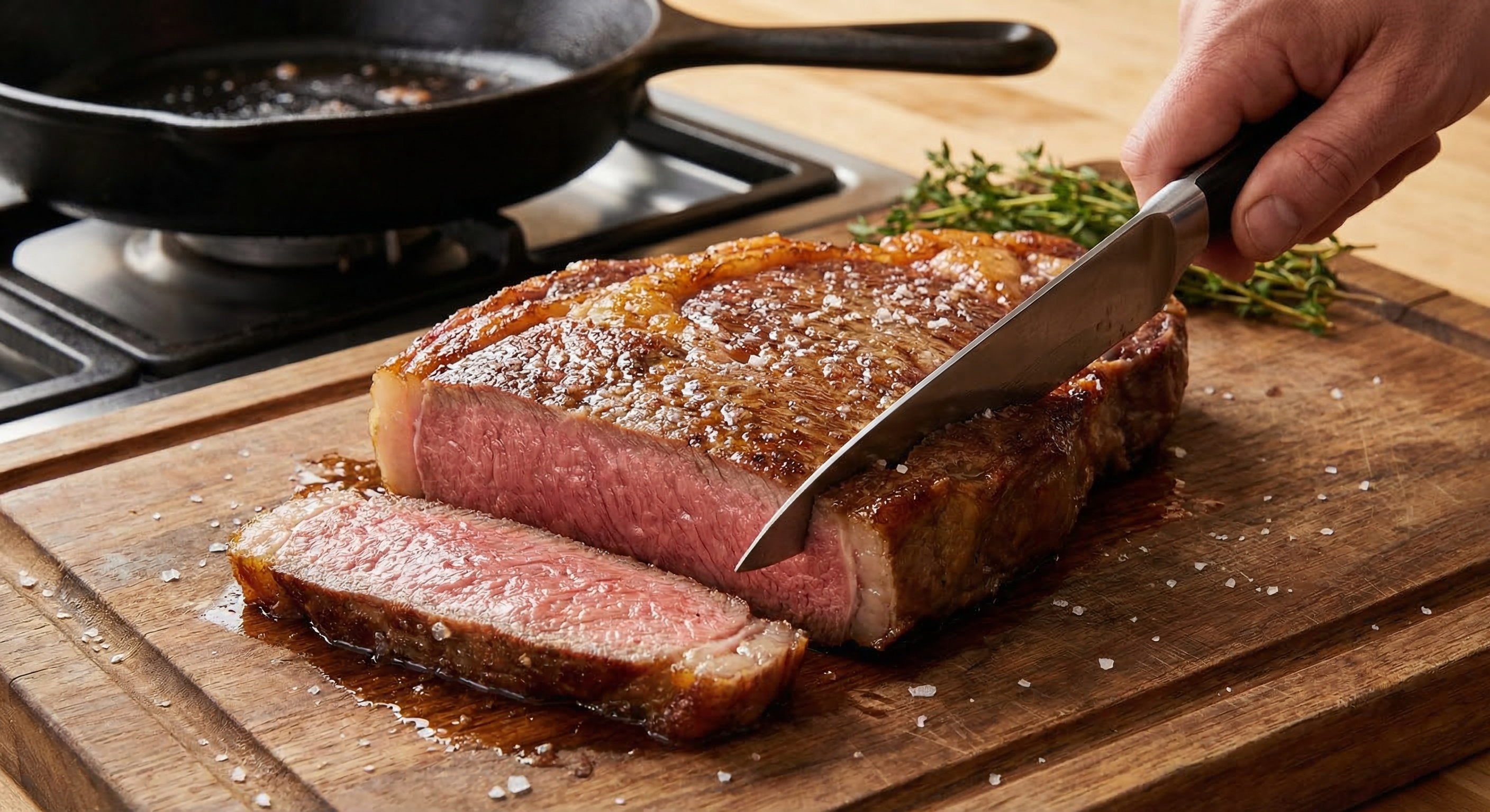 Sliced wagyu steak showing edge-to-edge medium-rare doneness with a golden seared crust from cast iron finishing