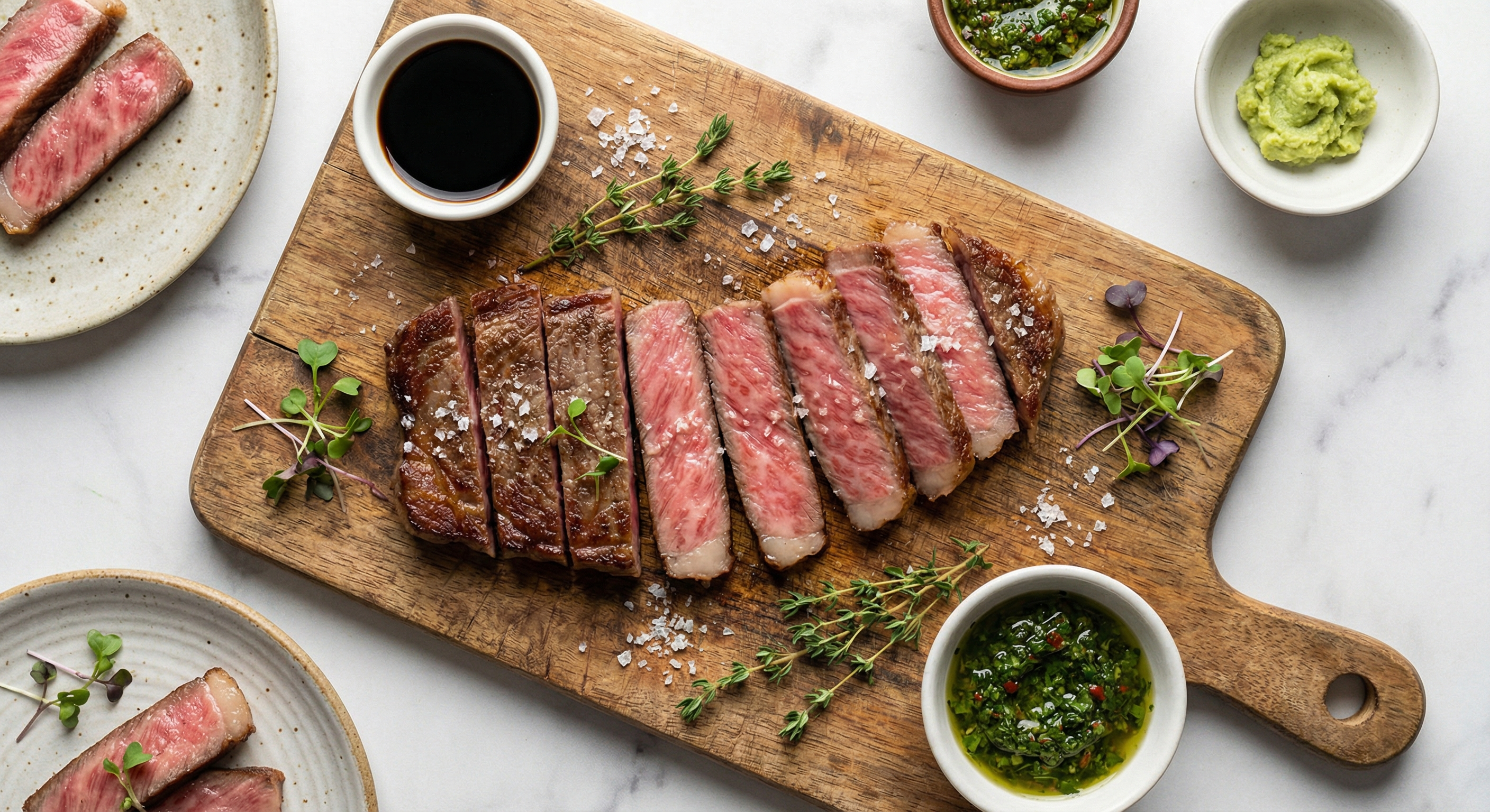 Perfectly sliced Wagyu steak showing medium-rare interior with rendered marbling
