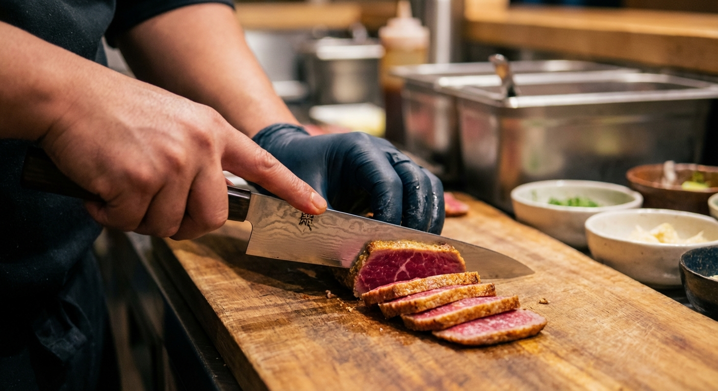 Chef slicing seared wagyu tataki into thin medallions on a wooden cutting board showing rare pink center