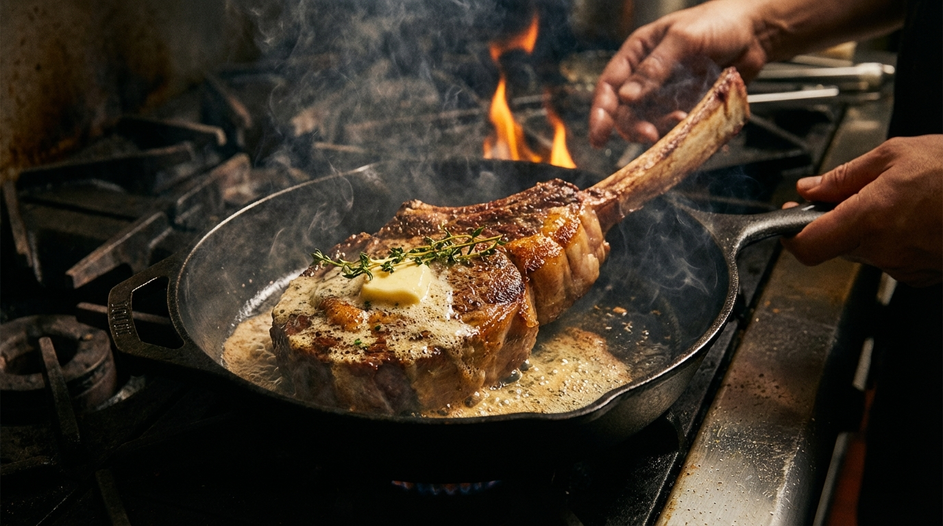 Wagyu tomahawk steak searing in cast iron skillet with golden butter baste and herbs