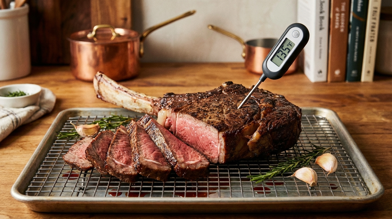 Wagyu tomahawk steak on wire rack with meat thermometer during reverse sear oven phase