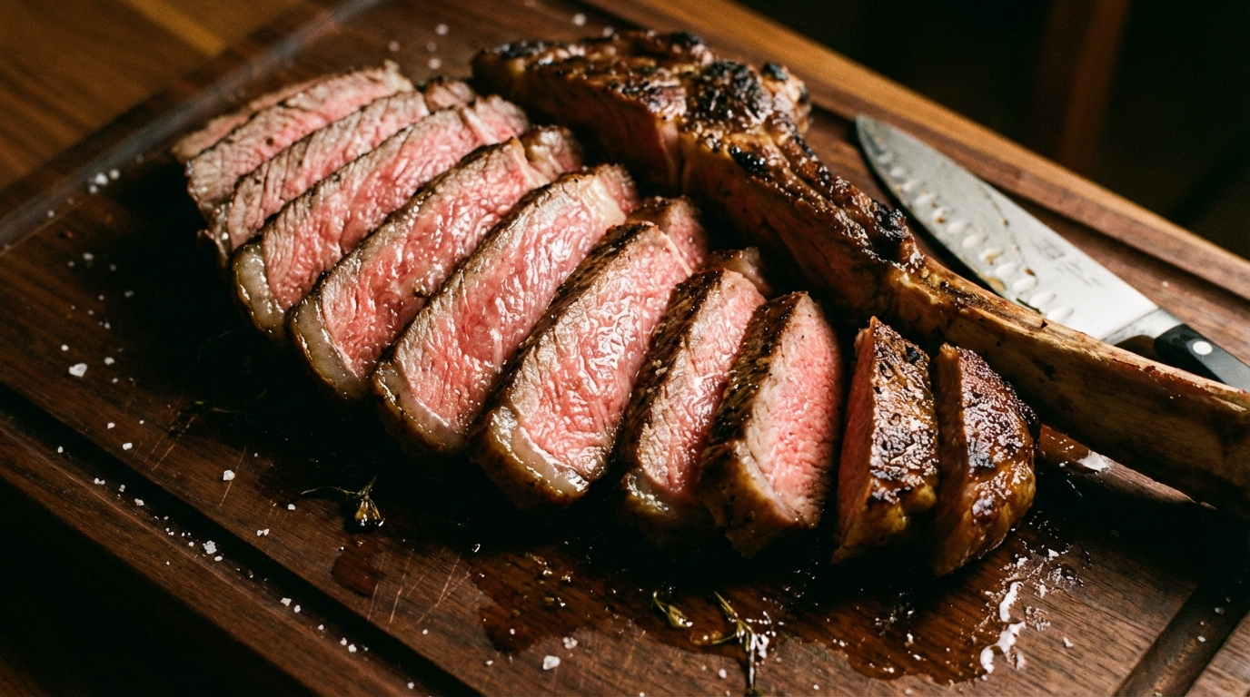 Sliced wagyu tomahawk steak revealing perfect medium-rare interior with rendered marbling