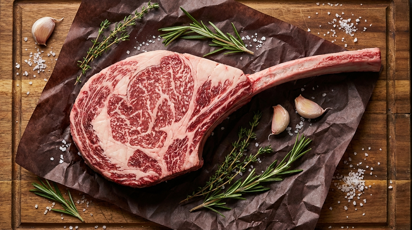 Raw wagyu tomahawk steak showing extraordinary marbling and long frenched rib bone