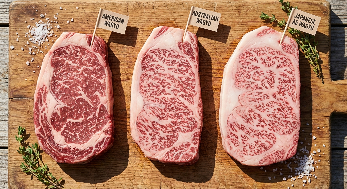 Three wagyu steaks side by side showing American, Australian, and Japanese A5 grades with progressively increasing marbling density