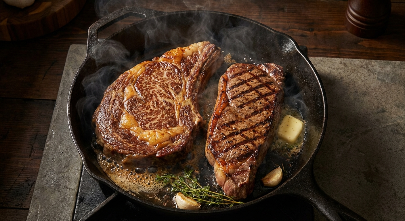 Two steaks cooking side by side on a cast iron skillet, one heavily marbled wagyu with golden crust and one leaner angus with sear marks