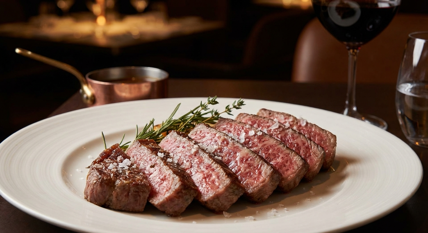 Thinly sliced medium-rare wagyu steak on a white plate showing pink interior with visible marbling and sea salt flakes