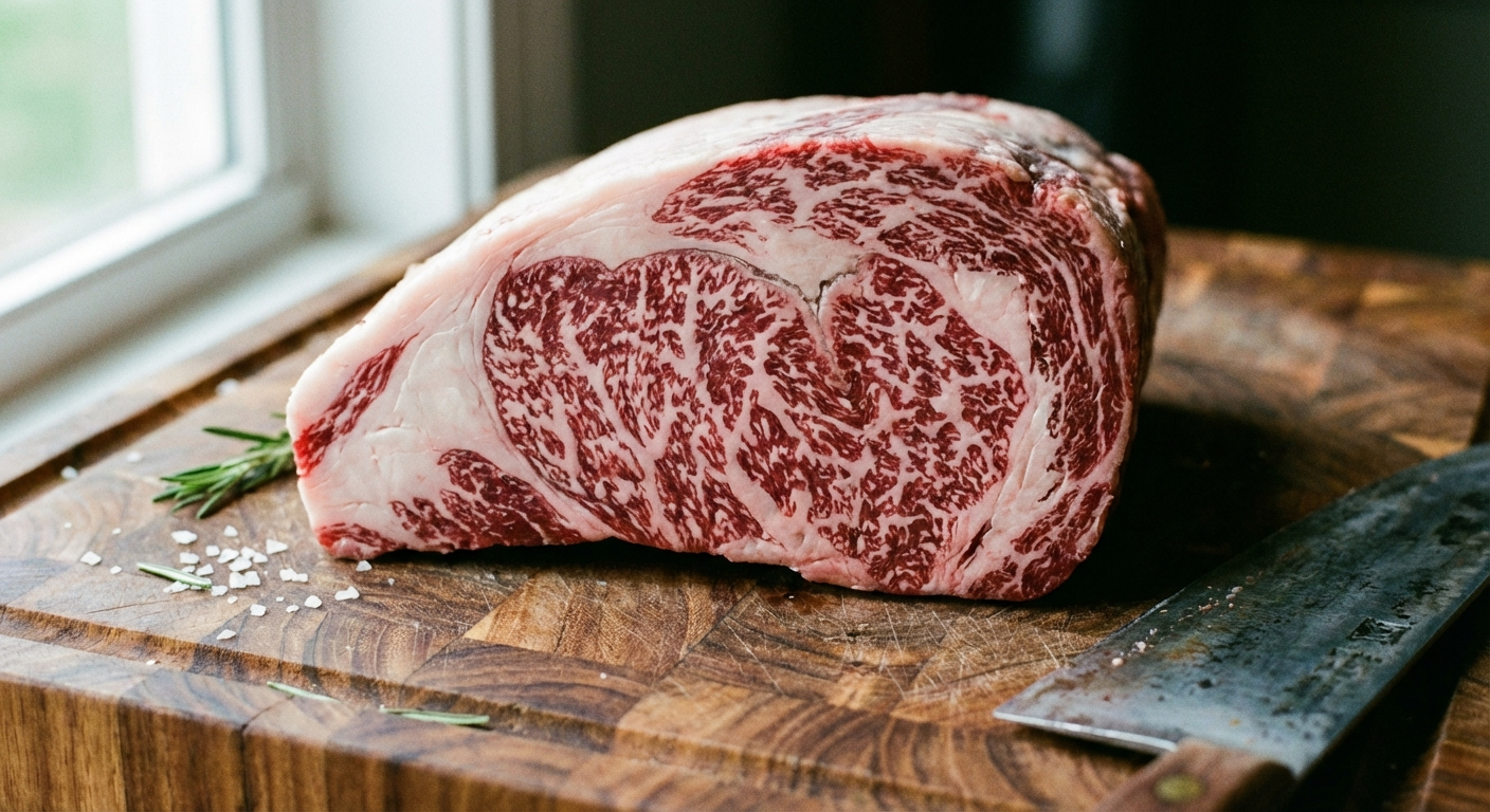 Close-up of wagyu steak cross-section showing extreme BMS marbling with dense white fat veining throughout red meat
