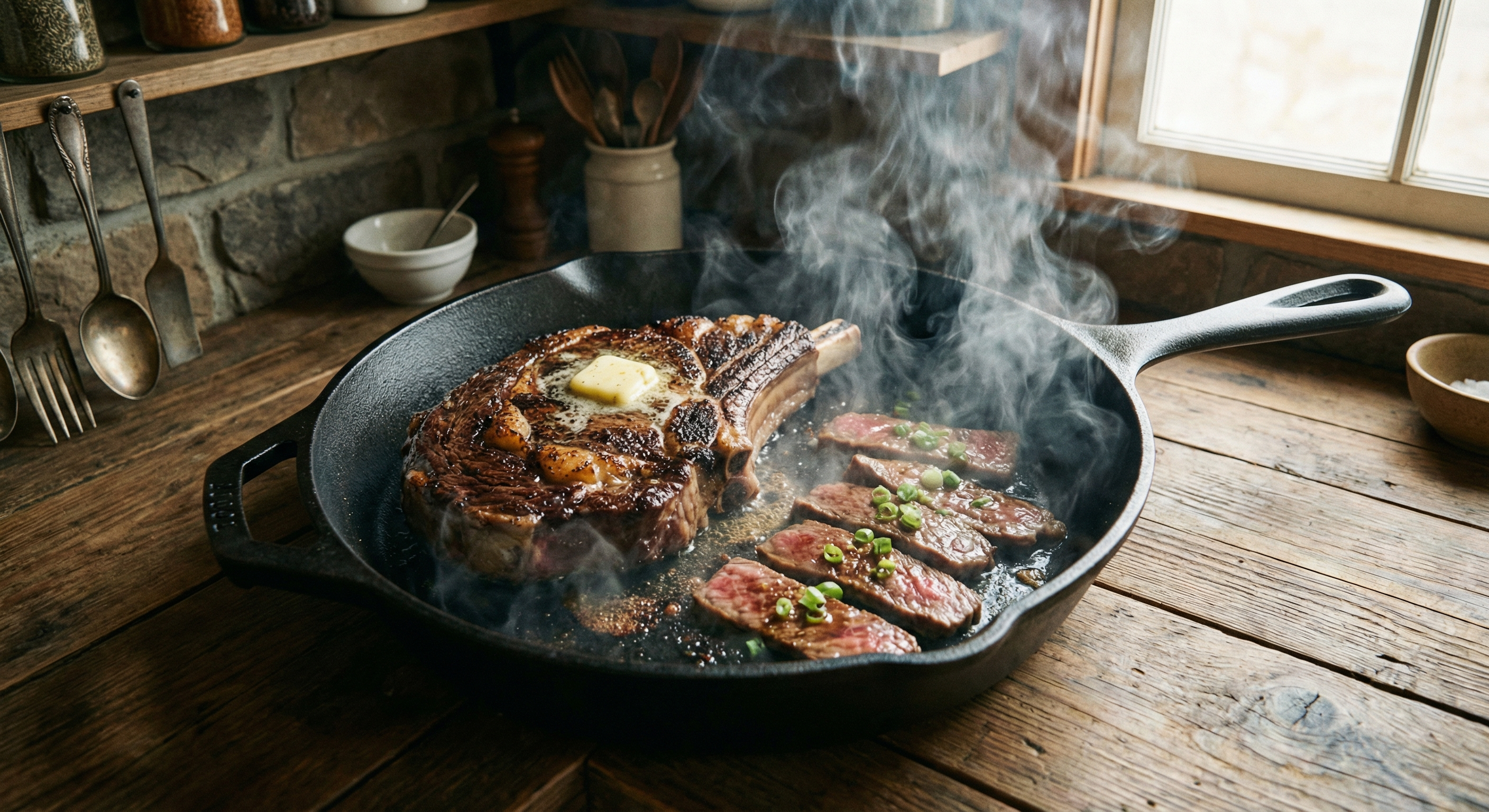 Two steaks cooking on cast iron showing different preparation styles