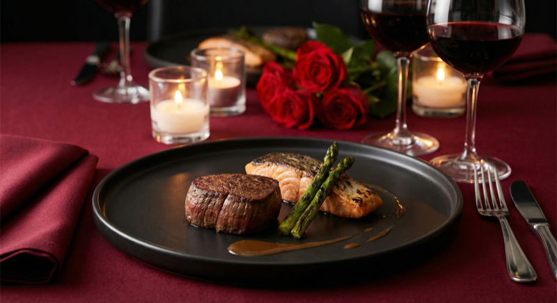 Elegant surf and turf plate with wagyu steak and salmon for Valentine's Day dinner - AI generated
