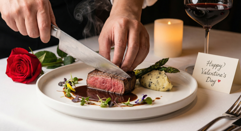 Sliced wagyu steak showing perfect medium-rare interior on elegant plate - AI generated
