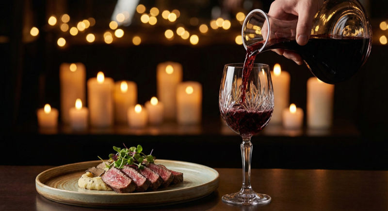 Red wine glass next to plated wagyu steak in romantic dinner setting - AI generated