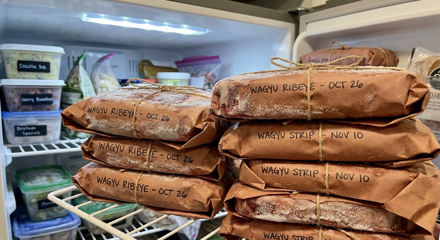 Wagyu beef steaks individually wrapped and organized in a home freezer with date labels — AI generated