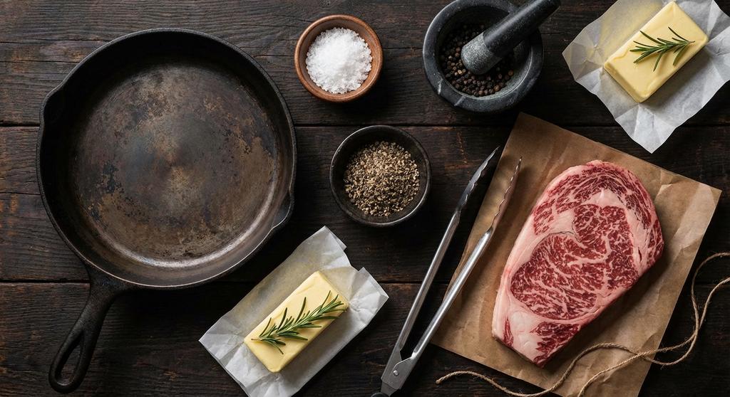 Wagyu cooking essentials including cast iron skillet, sea salt, tongs, and raw wagyu steak