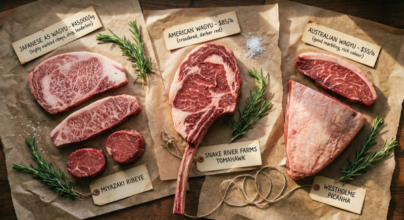 Comparison of Japanese A5 Wagyu and American Wagyu cuts side by side showing marbling differences - AI generated