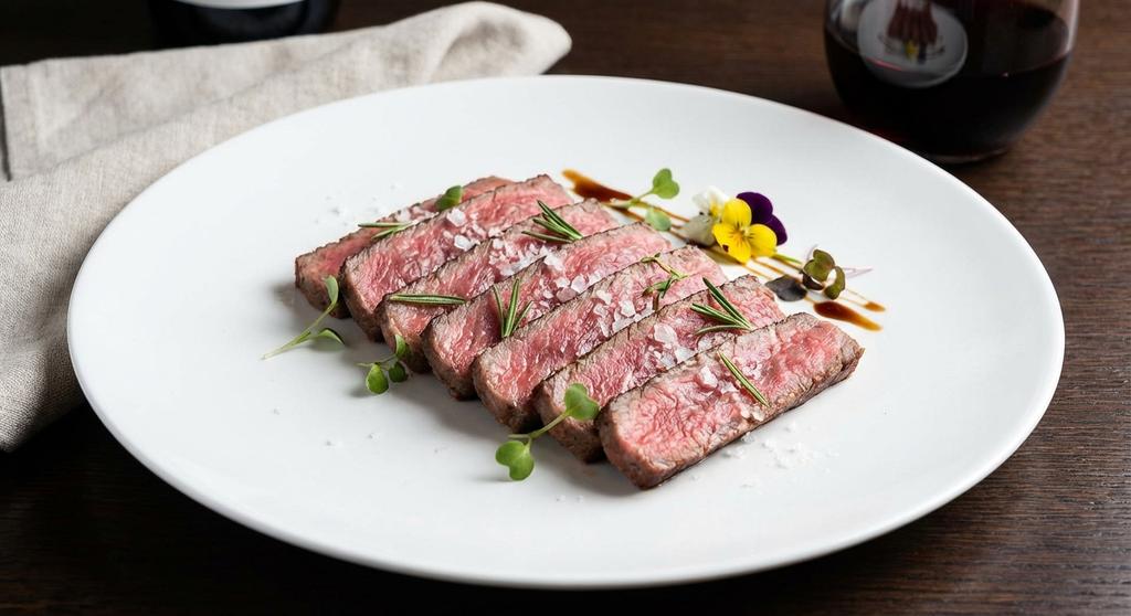 Thinly sliced wagyu steak showing perfect medium-rare pink interior with sea salt