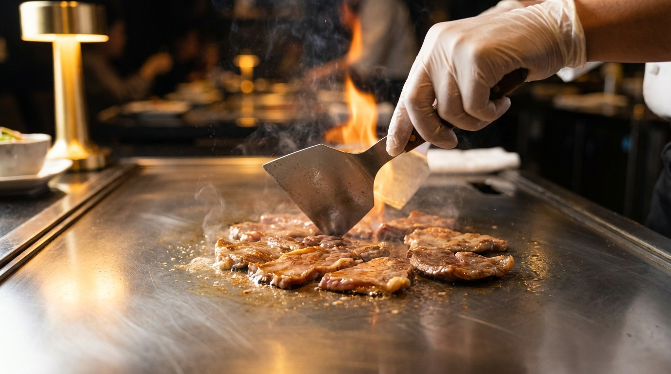 Teppanyaki chef cooking wagyu beef on flat steel griddle with caramelized edges and rendered fat