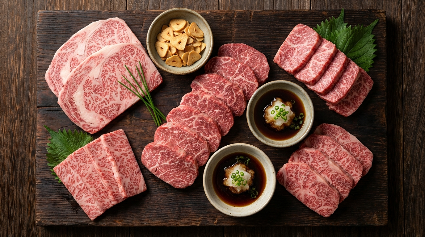 Wagyu beef cuts prepared for teppanyaki including ribeye, tenderloin, and sirloin with dipping sauces