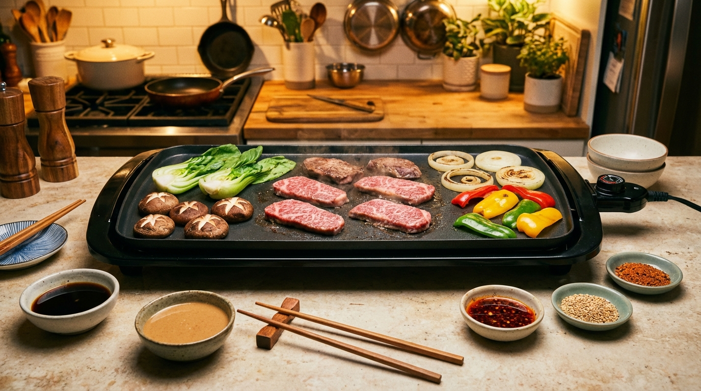 Home teppanyaki setup with electric griddle plate, wagyu beef slices, and condiment dishes on kitchen counter
