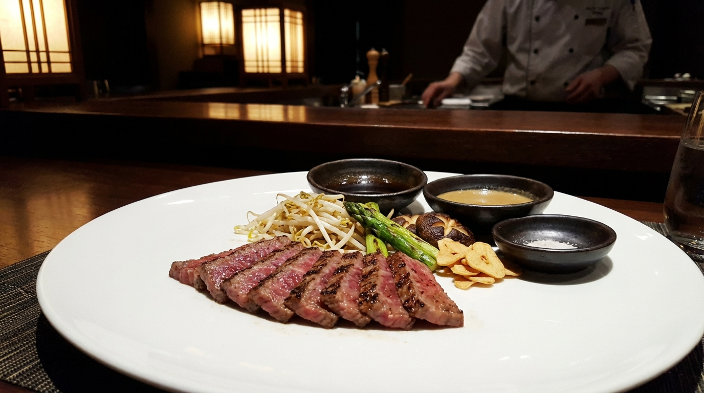 Elegantly plated wagyu teppanyaki course with seared slices, grilled vegetables, and sauce dishes